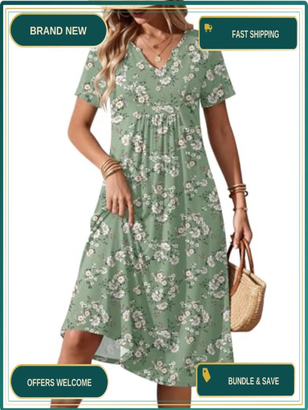 Zeagoo Women's Short Sleeve Midi Dress with Pockets Flowy A-Line V-Neck